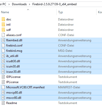 Firebird Embedded Server Dateien die zu kopieren sind.