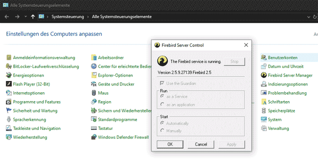 Abb. 1.13 Windows 10 Systemsteuerung mit neuem Eintrag Firebird Server Manager