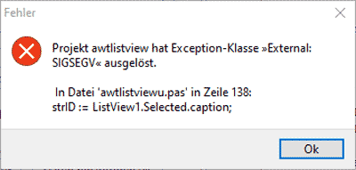 Fehler: Das Projekt … hat Exception-Klasse >>External SIGSEGV